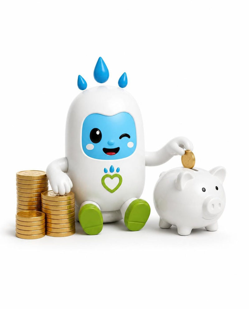 Spry putting a coin into a piggy bank beside stacks of coins