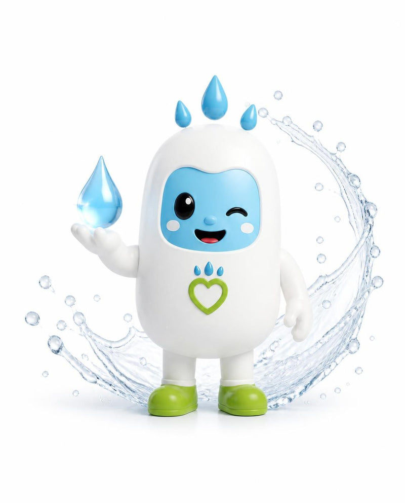 Spry holding a drop of water, surrounded by a splash