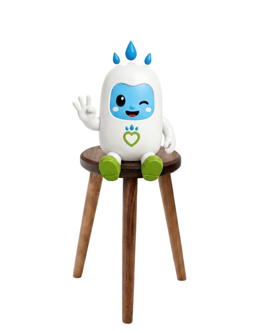 Spry, the Spray Up character, sitting on a three-legged wooden stool